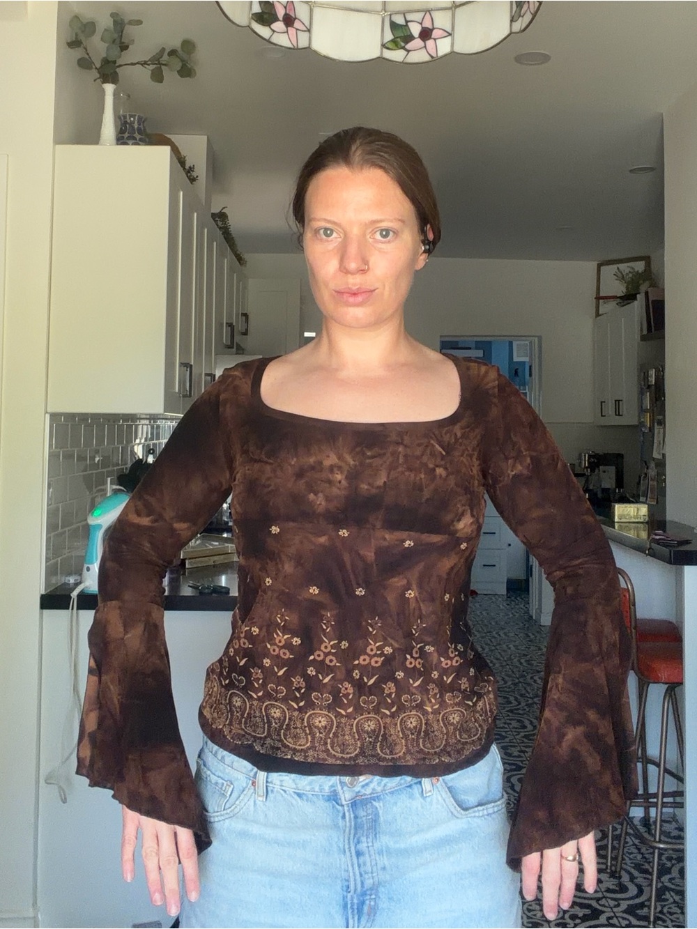 Y2K Brown Floral Embroidered Bell Sleeve Long Sleeve Top - Picture 4 of 14